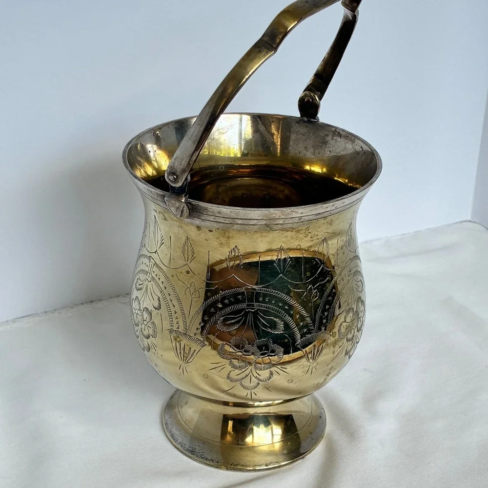 Vtg SilverPlated Brass Etched Floral Ice Bucket Hollywood Regency Grandmillenial